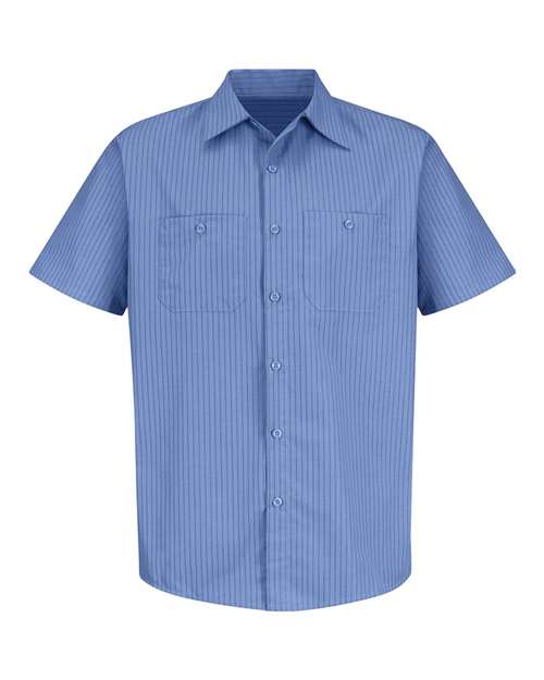 Red Kap Men's Industrial Stripe Short Sleeve Work Shirt in BS-Petrol Blue/Navy, front view