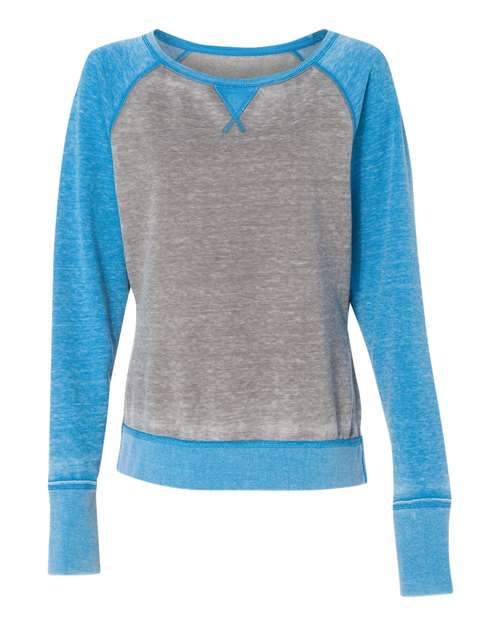 J. America Women’s Zen Fleece Raglan Sweatshirt in Cement/Oceanberry, front view