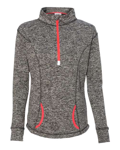 J. America Women's Cosmic Fleece Quarter-Zip Pullover in Charcoal Fleck/Fire Coral