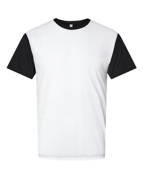 SubliVie Men's Blackout Polyester Sublimation Tee in White/Black, front view