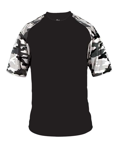 Badger Youth Camo Sport T-Shirt in Black/White Camo, front view