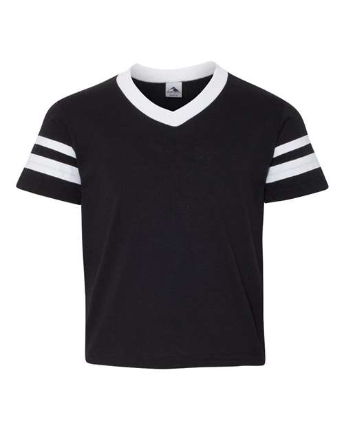 Augusta Sportswear Youth V-Neck Jersey with Striped Sleeves in Black/White
