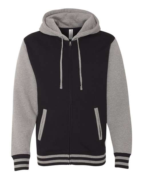 Independent Trading Co. Unisex Heavyweight Varsity Full-Zip Hooded Sweatshirt in Black/Gunmetal Heather
