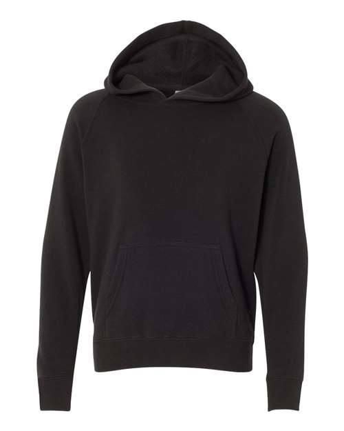 Independent Trading Co. Youth Lightweight Special Blend Raglan Hooded Sweatshirt in Black, front view
