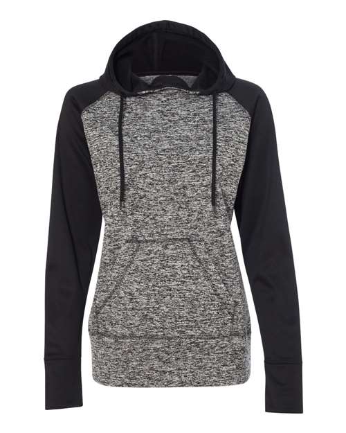 J. America Women’s Colorblocked Cosmic Fleece Hooded Sweatshirt in Charcoal Fleck/Black, front view