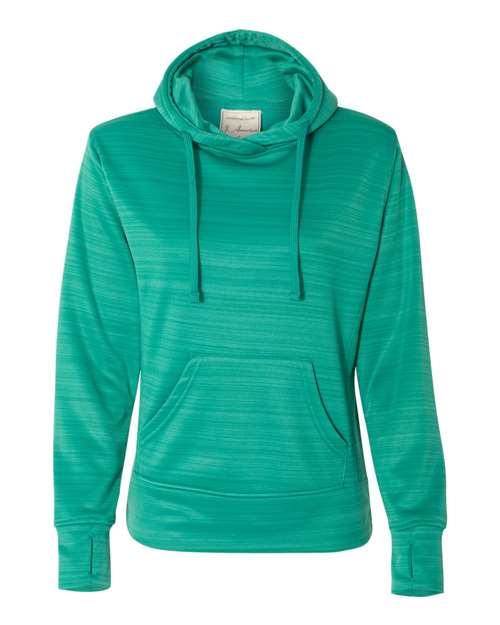 J. America Women's Odyssey Striped Performance Fleece Lapover Hooded Sweatshirt in Dynasty Green Stripe, front view