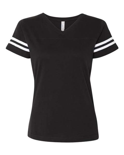 LAT Women's Football V-Neck Fine Jersey Tee in Black Solid/White