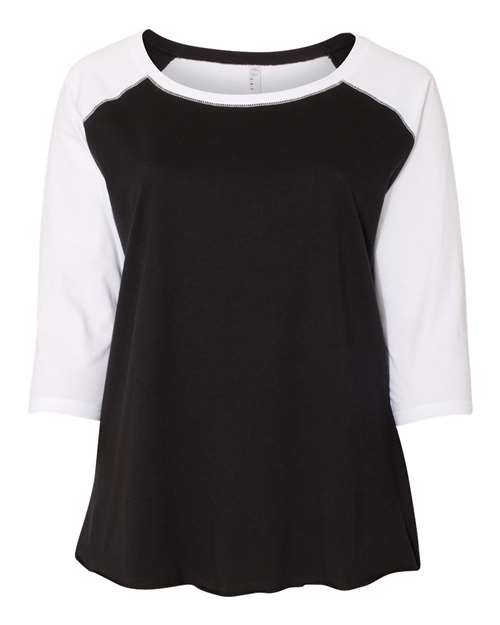 LAT Women's Curvy Collection Baseball Three-Quarter Sleeve Tee in Black/White