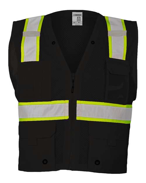 Kishigo Unisex EV Series® Enhanced Visibility Multi-Pocket Mesh Vest in Black/Lime - B100