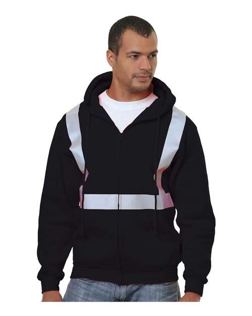 Bayside Men's USA-Made Hi-Visibility Full-Zip Hooded Sweatshirt in Black, front view