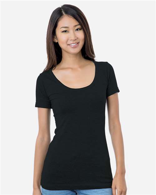 Bayside Women's USA-Made Scoop Neck T-Shirt in Black, front view on model