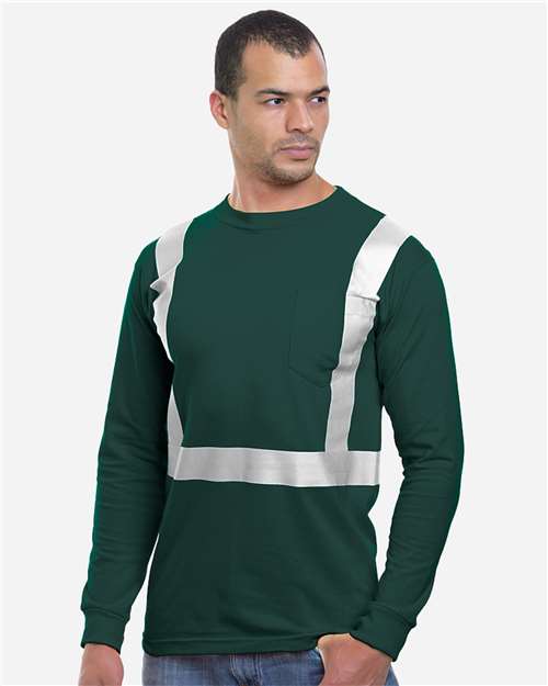 Bayside Unisex USA-Made High Visibility Long Sleeve Pocket T-Shirt in Forest Green, front view on model