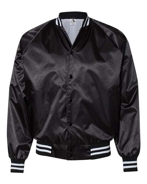 Augusta Sportswear Unisex Satin Baseball Jacket Striped Trim in Black/White, front view