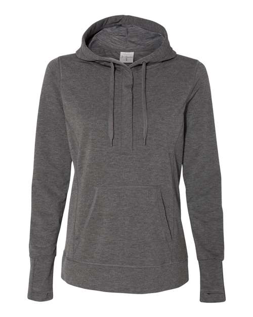 J. America Women’s Omega Stretch Snap-Placket Hooded Sweatshirt in Charcoal Triblend, front view
