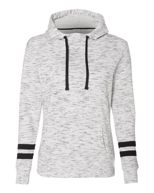 J. America Women’s Mélange Fleece Striped-Sleeve Hooded Sweatshirt in White/Black, front view