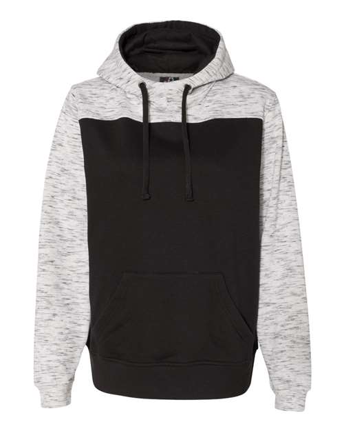 J. America Men's Mélange Fleece Colorblocked Hooded Sweatshirt in Black/White, front view
