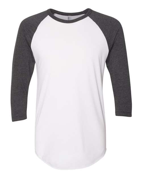 American Apparel Unisex 50/50 Raglan Three-Quarter Sleeve Tee in White/Heather Black, front view