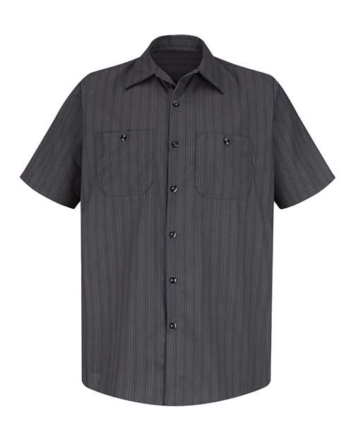Red Kap Men's Tall Premium Short Sleeve Work Shirt in Charcoal/Blue/White Stripe, front view