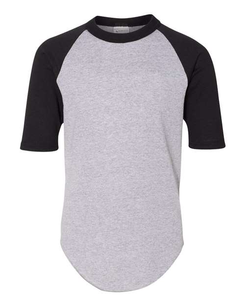 Augusta Sportswear Youth Three-Quarter Sleeve Baseball Jersey in Athletic Heather/Black, front view