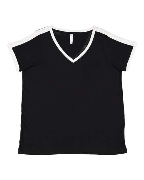 LAT Women's Curvy Retro Ringer Premium Jersey V-Neck Tee in Black/White