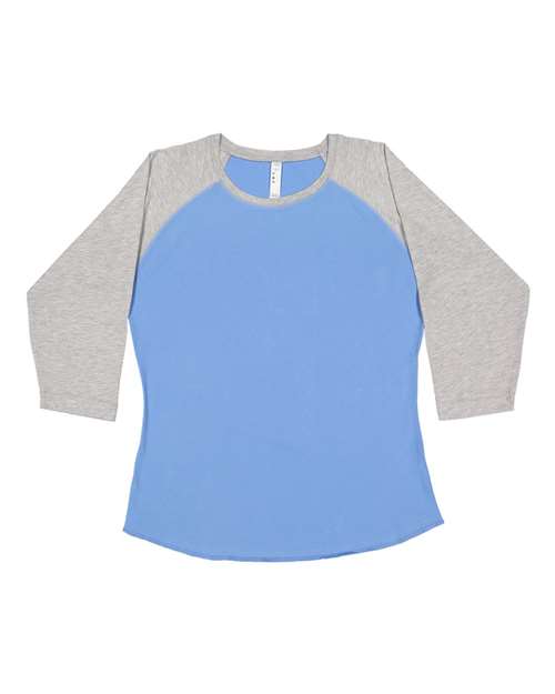 LAT Women's Baseball Fine Jersey Three-Quarter Sleeve Tee in Carolina Blue/Vintage Heather