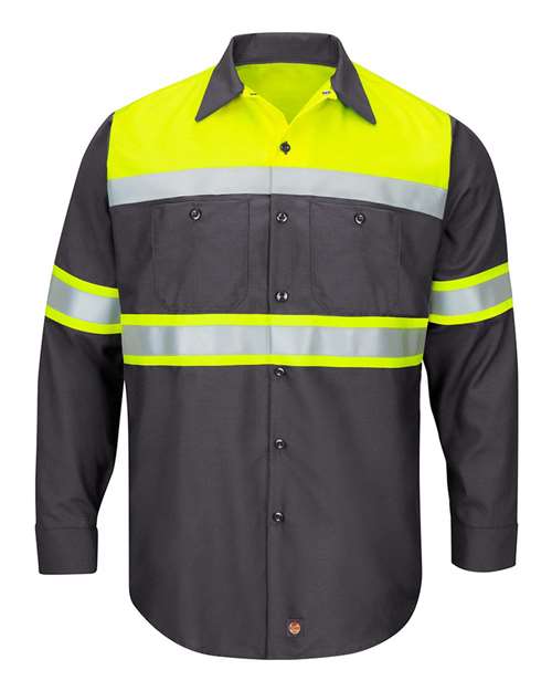 Red Kap Men's Hi-Visibility Colorblock Ripstop Long Sleeve Work Shirt in Fluorescent Yellow/Charcoal, front view