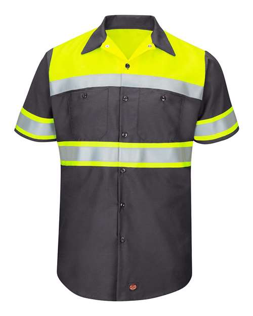 Red Kap Men's Hi-Visibility Colorblock Ripstop Short Sleeve Work Shirt in Fluorescent Yellow/Charcoal