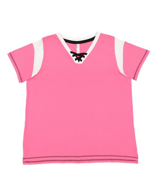 LAT Women's Curvy Lace Up Fine Jersey Tee in Hot Pink/White/Black