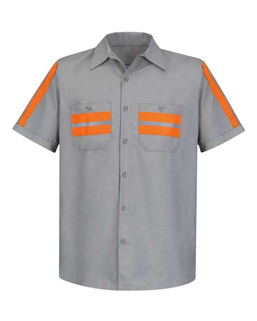 Red Kap Men's Tall Enhanced Visibility Industrial Work Shirt in Light Grey/Orange Trim, front view