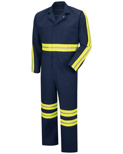 Red Kap Men's Tall Enhanced Visibility Action Back Coverall in Navy/Yellow Trim, front view