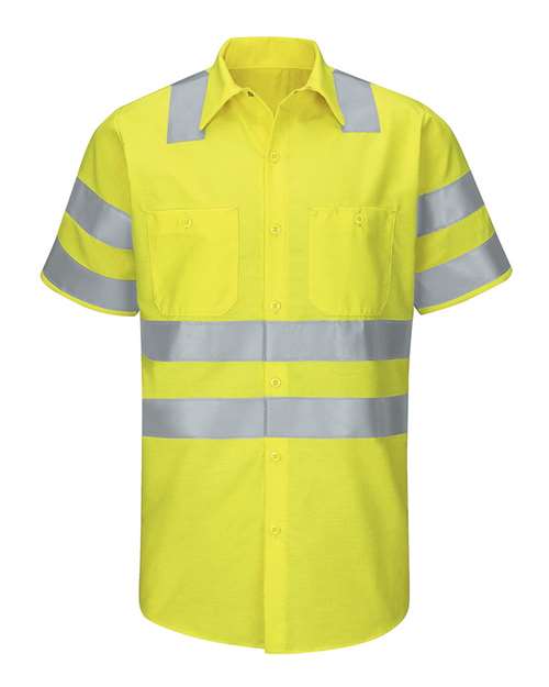 Red Kap Men's Enhanced & Hi-Visibility Work Shirt in AB-Fluorescent Yellow/Green, front view