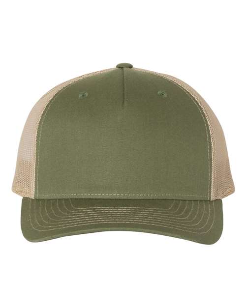 Richardson Five-Panel Trucker Cap in Army Olive Green/Tan, front view