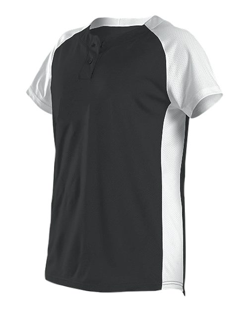 Alleson Athletic Girls' Two Button Fastpitch Jersey in Black/White, front view