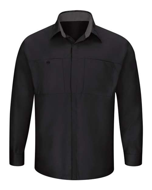 Red Kap Men's Performance Plus Long Sleeve Shirt with OilBlok Technology in Black/Charcoal, front view