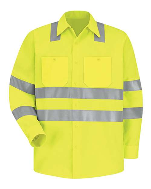 Red Kap Men's High Visibility Safety Long Sleeve Work Shirt in AB-Fluorescent Yellow/Green, front view