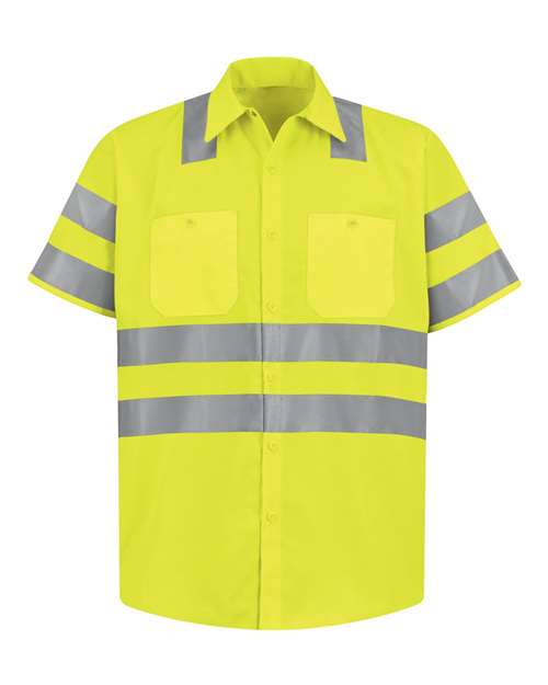 Red Kap Men's High Visibility Safety Short Sleeve Work Shirt in AB-Fluorescent Yellow/Green, front view