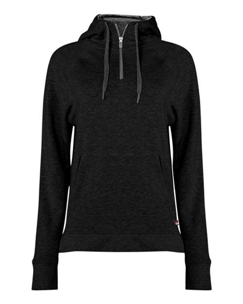 Badger Women's FitFlex French Terry Quarter-Zip Hooded Pullover in Black, front view