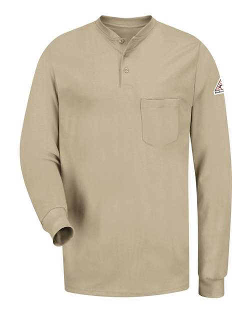 Bulwark Men's Tall Long Sleeve Tagless Henley Shirt in Khaki