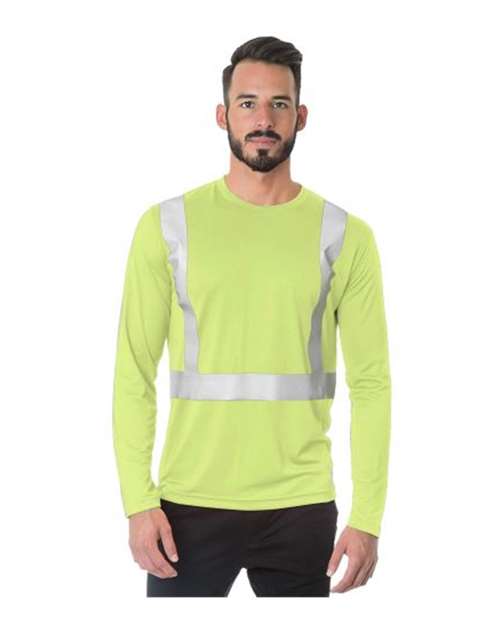 Bayside Men's USA-Made Hi-Visibility Long Sleeve Performance T-Shirt in Lime Green, front view