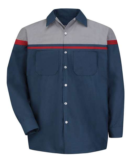Red Kap Men's Tall Performance Tech Long Sleeve Shirt in Navy/Red/Light Grey, front view