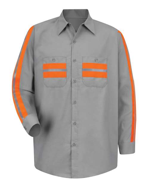 Red Kap Men's Tall Industrial Enhanced-Visibility Long Sleeve Work Shirt in Light Grey/Orange Trim, front view