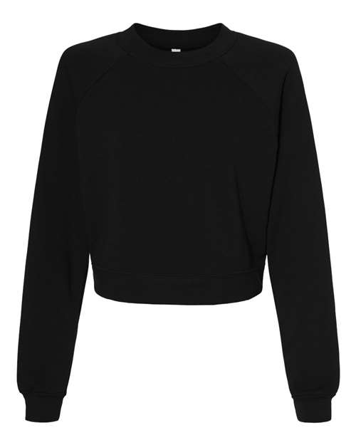 BELLA + CANVAS Women's Crop Raglan Crewneck Sweatshirt in Black, front view