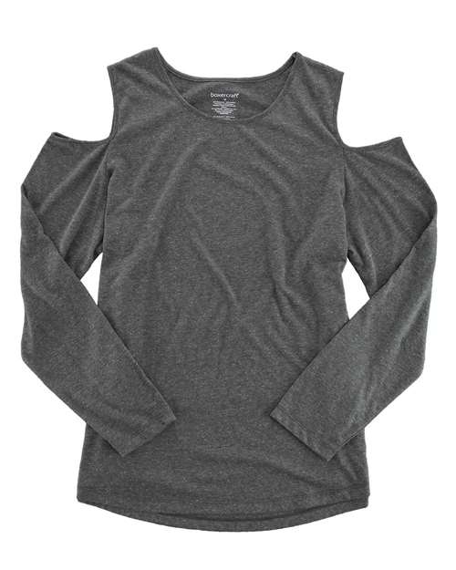 Boxercraft Women's Cold Shoulder Long Sleeve T-Shirt in Granite, front view