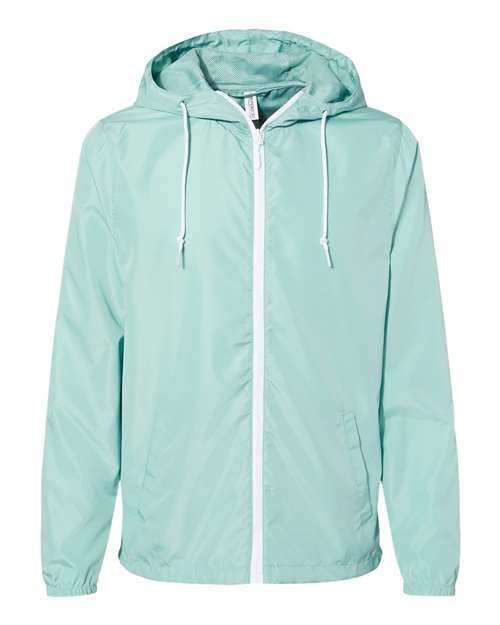 Independent Trading Co. Men's Lightweight Windbreaker Full-Zip Jacket in Aqua/White Zipper