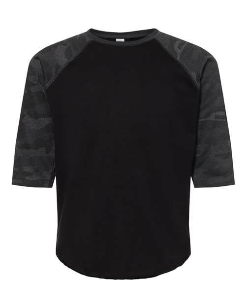 LAT Youth Baseball Fine Jersey Three-Quarter Sleeve Tee in Black/Storm Camo, front view
