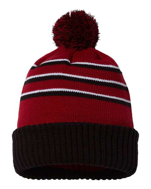 Richardson Pom Cuffed Beanie in Cardinal/Black/White