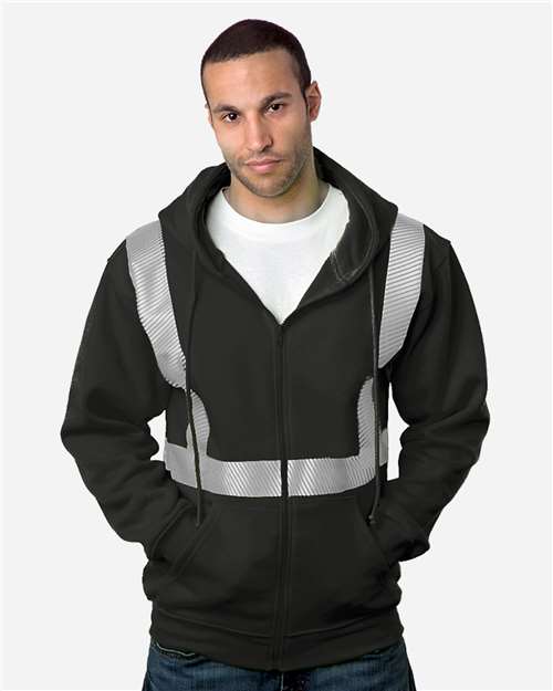 Bayside USA-Made Hi-Visibility Full-Zip Hooded Sweatshirt - Segmented Tape in Black, front view on model