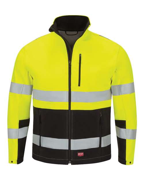 Red Kap Men's Hi-Visibility Soft Shell Jacket in Fluorescent Yellow/Black, front view