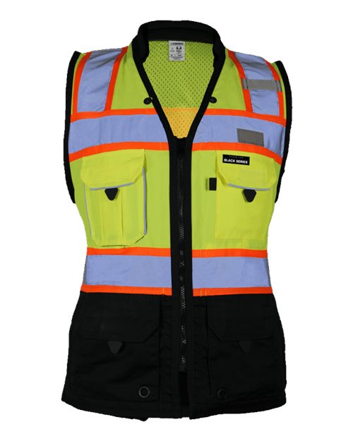 Kishigo Women's Premium Black Series® Heavy Duty Surveyors Vest in Lime, front view