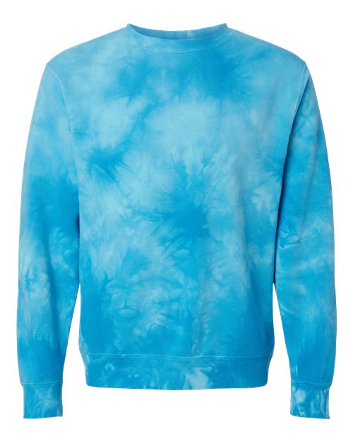 Independent Trading Co. Unisex Midweight Tie-Dyed Crewneck Sweatshirt in Tie Dye Aqua Blue, front view
